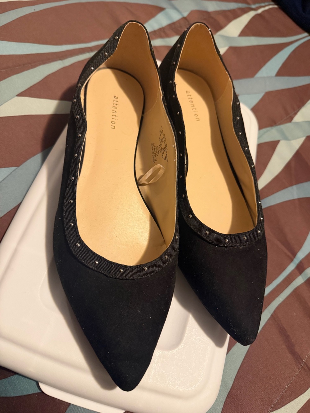 attention Black Pointed Toe Stud-Trim Ballet Flats